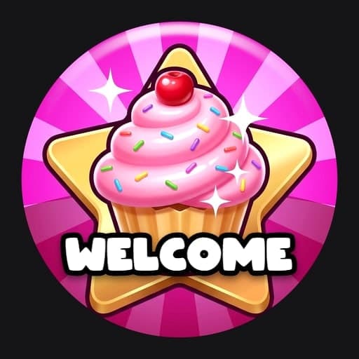 Badge: a pink frosted cupcake with a cherry on a gold star, on a pink sunburst inside a dark ring, with WELCOME across the bottom