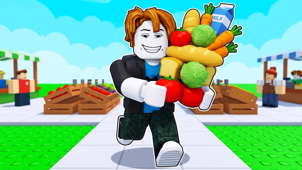 A Cartoon thumbnail of an avatar sprinting with an armful of groceries, with a strip along the bottom marked off