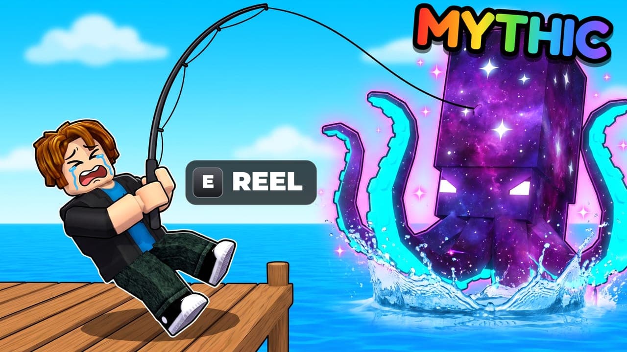 Cartoon: a crying avatar on a dock reels in a giant glowing galaxy kraken, labeled MYTHIC, with an E REEL prompt