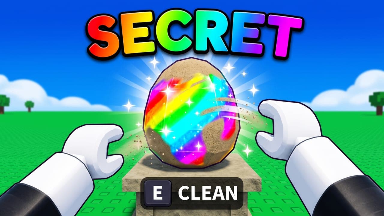 Cartoon thumbnail: first-person hands clean sand off a glowing rainbow egg on a pedestal, labeled SECRET, with an E CLEAN prompt