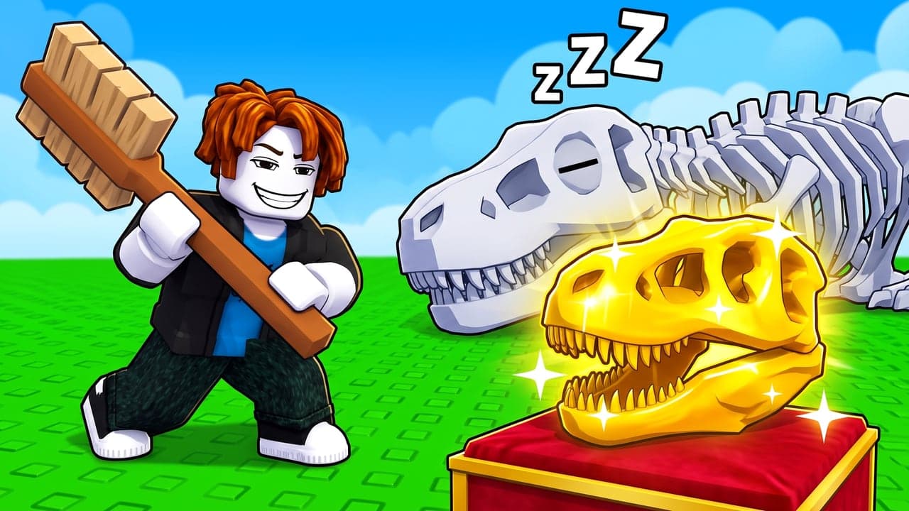 Cartoon thumbnail: a grinning avatar with a giant brush beside a glowing golden T-rex skull on a red pedestal, a skeleton asleep behind