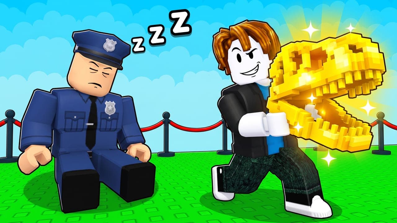 Cartoon: a smug avatar sneaks off with a golden T-rex skull while a museum guard sleeps
