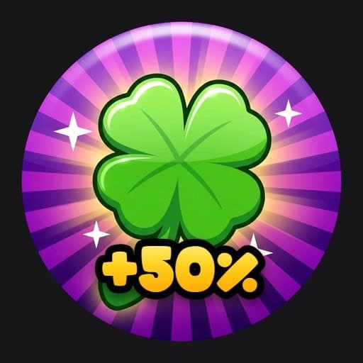 Game pass: a glossy green four-leaf clover on a purple sunburst inside a dark ring, with +50% across the bottom
