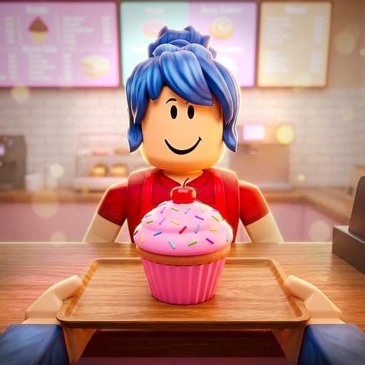 The icon made from it: the blue-haired baker smiles over the cupcake on the tray, close up in a square