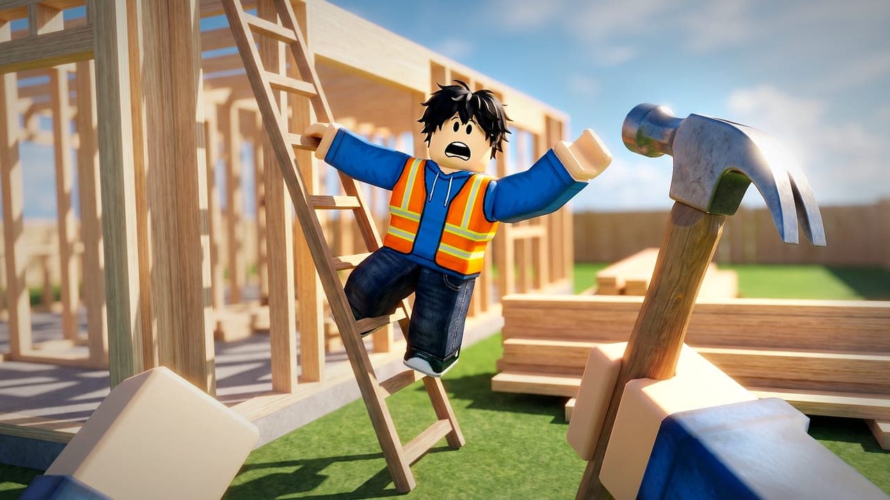 Realistic: first-person hands swing a big hammer while a shocked friend in a safety vest slips off a ladder at a half-built wooden house