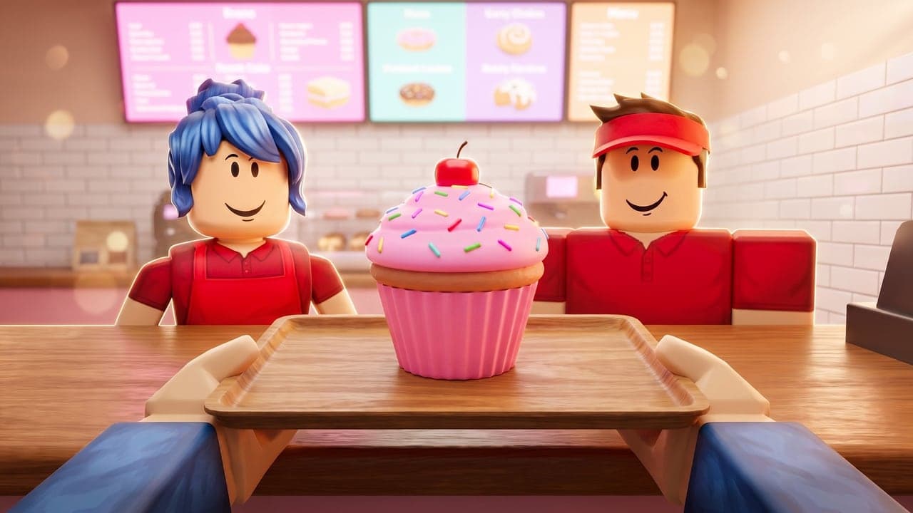 Realistic thumbnail: first-person hands hold out a tray with a giant pink cupcake to two smiling bakers at a bakery counter
