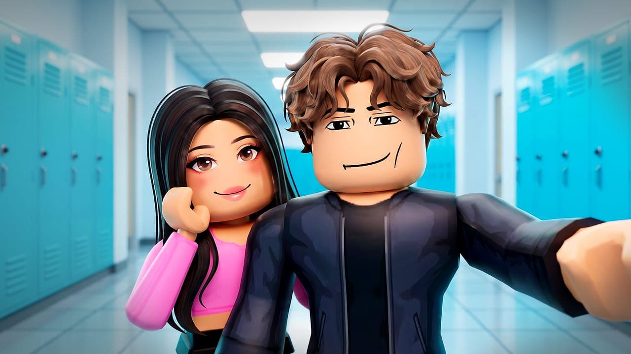 Realistic: a smirking boy in a black jacket takes a selfie with his best friend in a school hallway lined with teal lockers