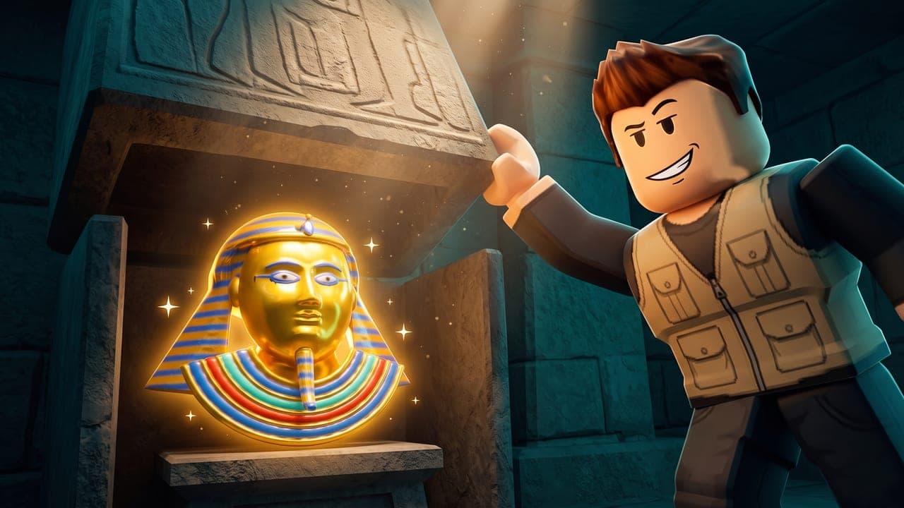 Realistic: a smug explorer in a tan vest reveals a glowing golden pharaoh mask behind a stone slab in a teal tomb