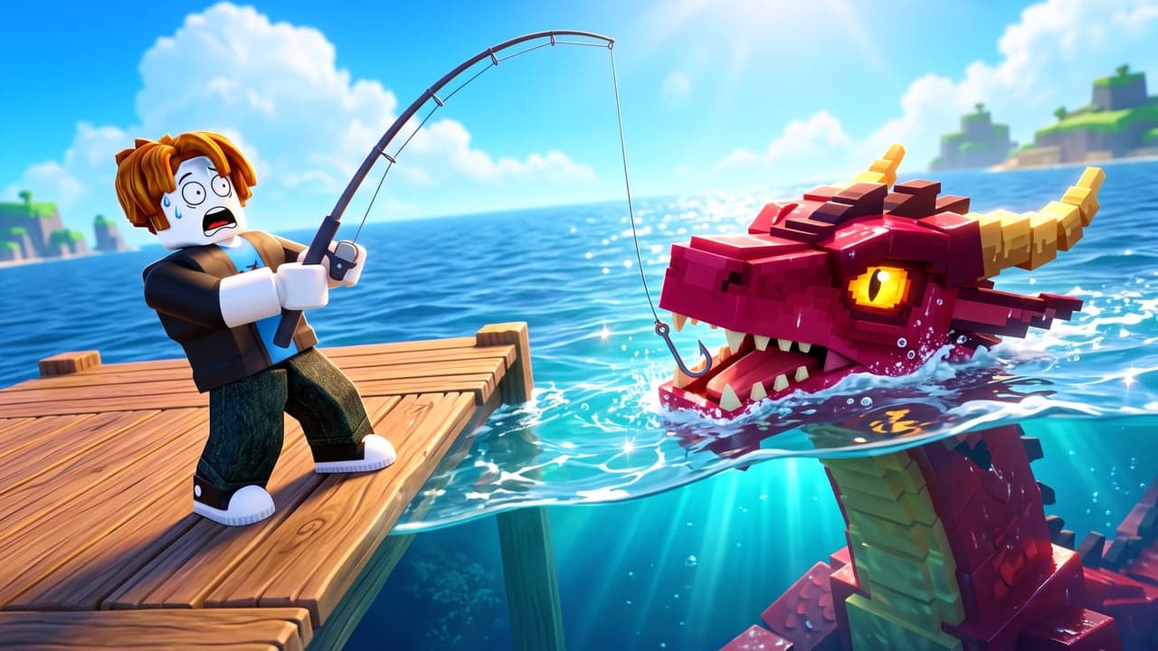 Semi-realistic: a shocked avatar on a wooden dock reels in a giant crimson blocky sea dragon rising from turquoise water